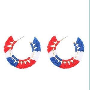 2/$30 - Red White Blue Tassel Fringe Hoop Earrings Patriotic Statement